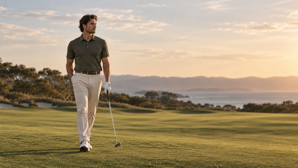 Golfer walking on a course in a dark polo and light trousers.