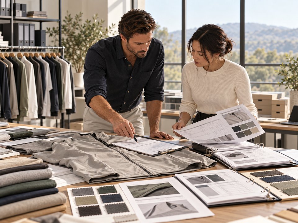 Two people reviewing garment specifications, swatches and sample paperwork at a studio table.